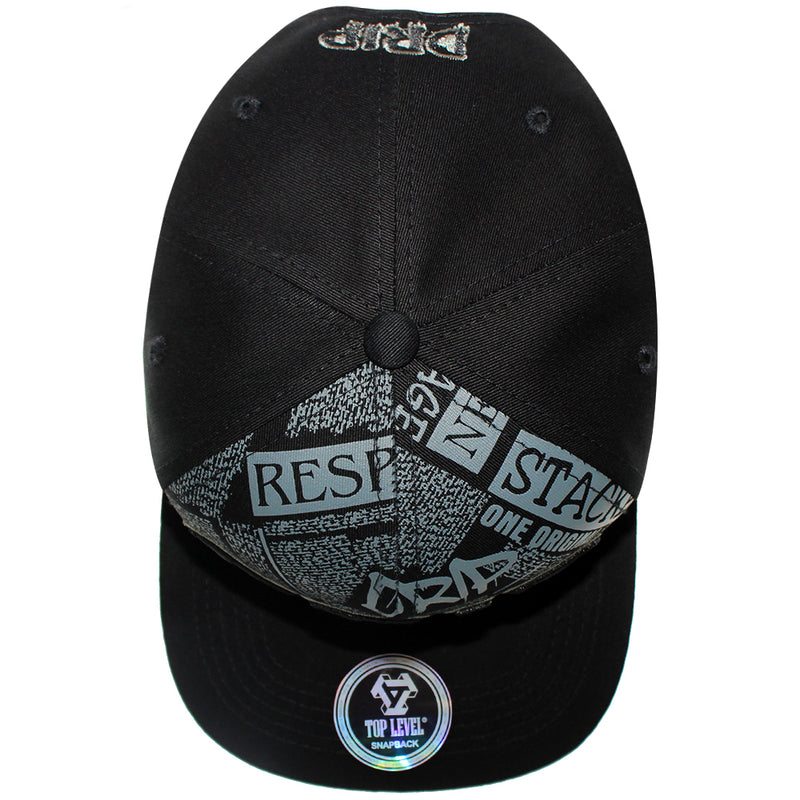 TOP LEVEL : DRIP | Front-raised Verbiage Embroidery and All-over Newspaper Print Design Snapback Cap