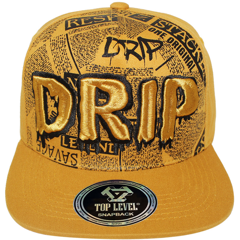 TOP LEVEL : DRIP | Front-raised Verbiage Embroidery and All-over Newspaper Print Design Snapback Cap