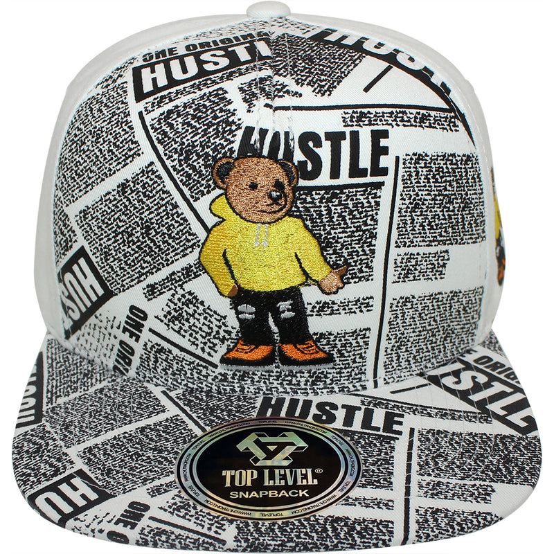 TOP LEVEL : HUSTLE | Cool Bear with All-over Newspaper Print Design Snapback Cap