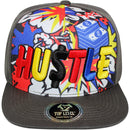 TOP LEVEL : HUSTLE | Front Raised Hustle Verbiage Embroidery with Cartoon Sublimation Design Snapback Cap
