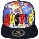 TOP LEVEL : HUSTLE | Front Raised Hustle Verbiage Embroidery with Cartoon Sublimation Design Snapback Cap