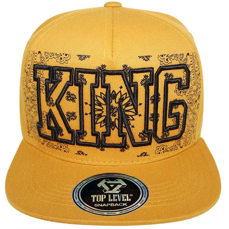 TOP LEVEL : KING | Verbiage Outline Embroidery & Bandana Print Design Snapback Cap