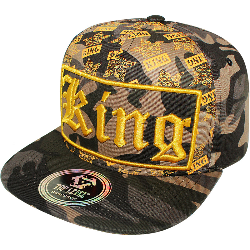 TOP LEVEL : KING | Front-raised Verbiage Patch with All-over Crown Print Design Snapback Cap