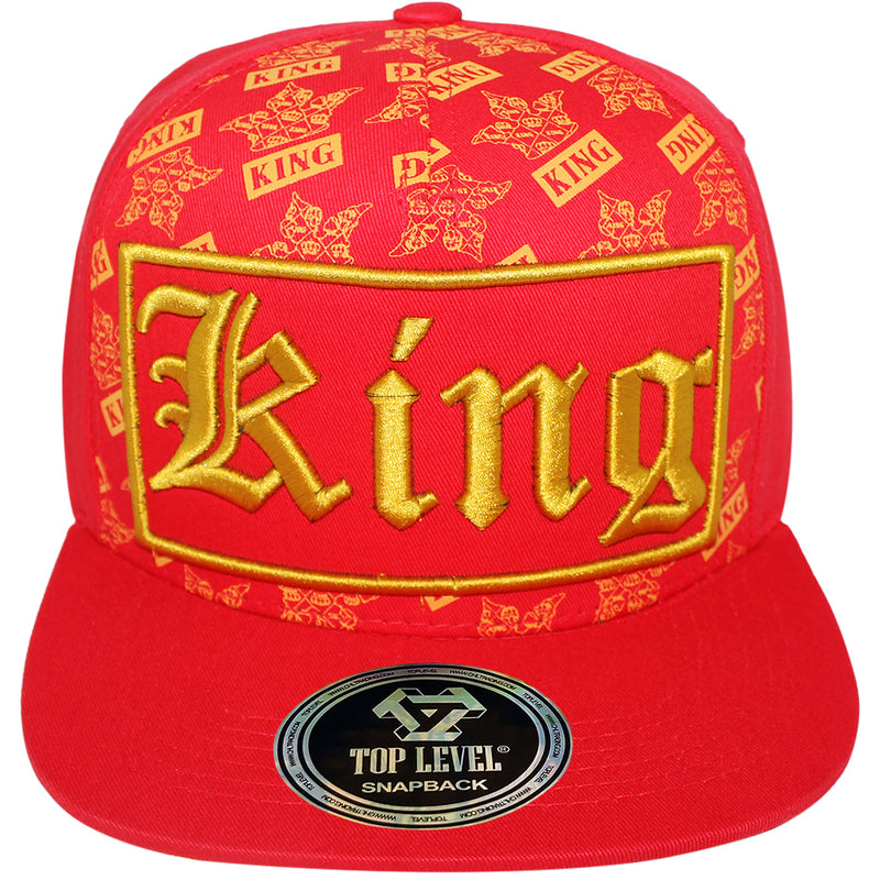 TOP LEVEL : KING | Front-raised Verbiage Patch with All-over Crown Print Design Snapback Cap