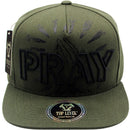TOP LEVEL : PRAY | Front Raised Pray Verbiage Design with Prayer's Hand Print Design Snapback Cap