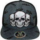 TOP LEVEL : SKULL | Front-raised Three Skulls Embroidery with Trippy Skull Print Design Snapback Cap