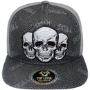 TOP LEVEL : SKULL | Front-raised Three Skulls Embroidery with Trippy Skull Print Design Snapback Cap