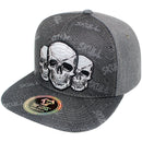 TOP LEVEL : SKULL | Front-raised Three Skulls Embroidery with Trippy Skull Print Design Snapback Cap