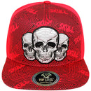 TOP LEVEL : SKULL | Front-raised Three Skulls Embroidery with Trippy Skull Print Design Snapback Cap