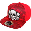 TOP LEVEL : SKULL | Front-raised Three Skulls Embroidery with Trippy Skull Print Design Snapback Cap