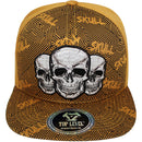 TOP LEVEL : SKULL | Front-raised Three Skulls Embroidery with Trippy Skull Print Design Snapback Cap