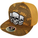 TOP LEVEL : SKULL | Front-raised Three Skulls Embroidery with Trippy Skull Print Design Snapback Cap