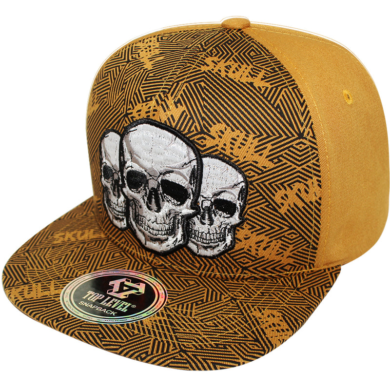 TOP LEVEL : SKULL | Front-raised Three Skulls Embroidery with Trippy Skull Print Design Snapback Cap