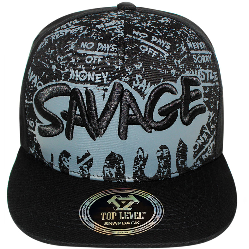 TOP LEVEL : SAVAGE | Front-raised Verbiage Embroidery with Street Graffiti Print Design Snapback Cap