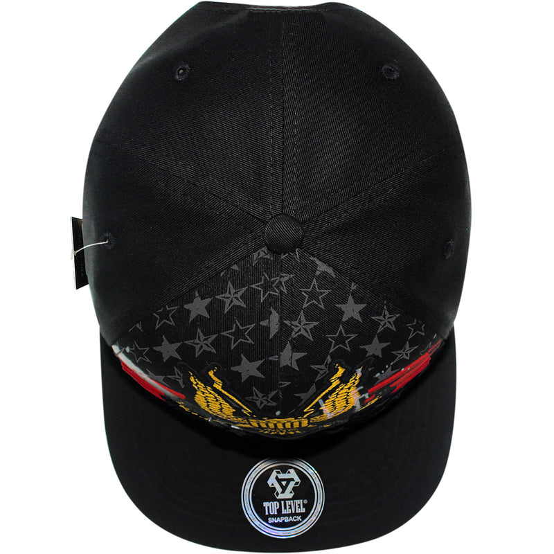 TOP LEVEL : USA | Embroidered Gold American Bald Eagle Emblem & Red Stripes Design Snapback Cap