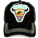 4350 DISTRICT : T13 | Free Spirit Front-raised Verbiage & Texas Cowboy with Bull Embroidery Design Vintage Baseball Cap
