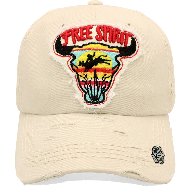 4350 DISTRICT : T13 | Free Spirit Front-raised Verbiage & Texas Cowboy with Bull Embroidery Design Vintage Baseball Cap