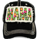 4350 DISTRICT : T13 | MAMA Embossed Verbiage with Flower Embroidery with Oxford Patch Design Vintage Baseball Cap
