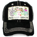 4350 DISTRICT : T13 | Peace, Love, Farm Life Front-raised Verbiage Design Vintage Baseball Cap