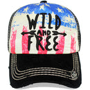 4350 DISTRICT : T13 | WILD AND FREE Front-raised Verbiage with Vintage USA Flag Sublimation Design Vintage Baseball Cap