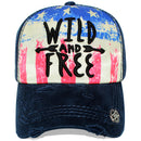 4350 DISTRICT : T13 | WILD AND FREE Front-raised Verbiage with Vintage USA Flag Sublimation Design Vintage Baseball Cap