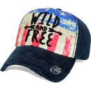 4350 DISTRICT : T13 | WILD AND FREE Front-raised Verbiage with Vintage USA Flag Sublimation Design Vintage Baseball Cap