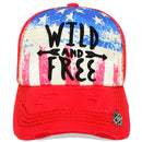 4350 DISTRICT : T13 | WILD AND FREE Front-raised Verbiage with Vintage USA Flag Sublimation Design Vintage Baseball Cap
