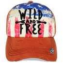 4350 DISTRICT : T13 | WILD AND FREE Front-raised Verbiage with Vintage USA Flag Sublimation Design Vintage Baseball Cap
